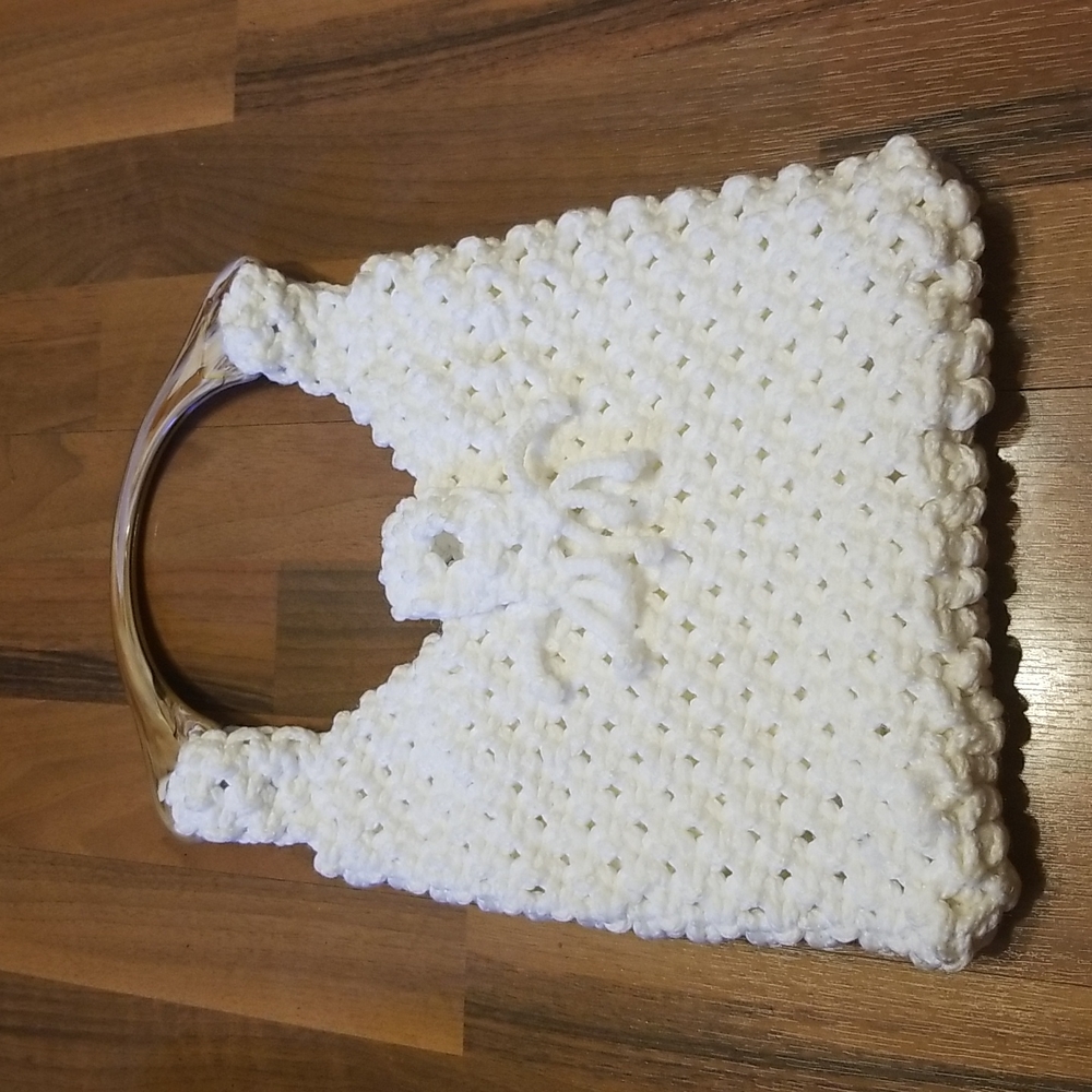 Vintage Woven Chunky Macrame Crochet Cream Knit Handbag Accento Craft Handle
